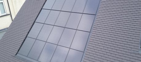 Close up of in-roof solar panels, on a house in Keswick