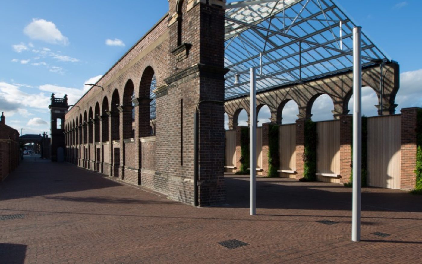 Renovated train station against blue sky