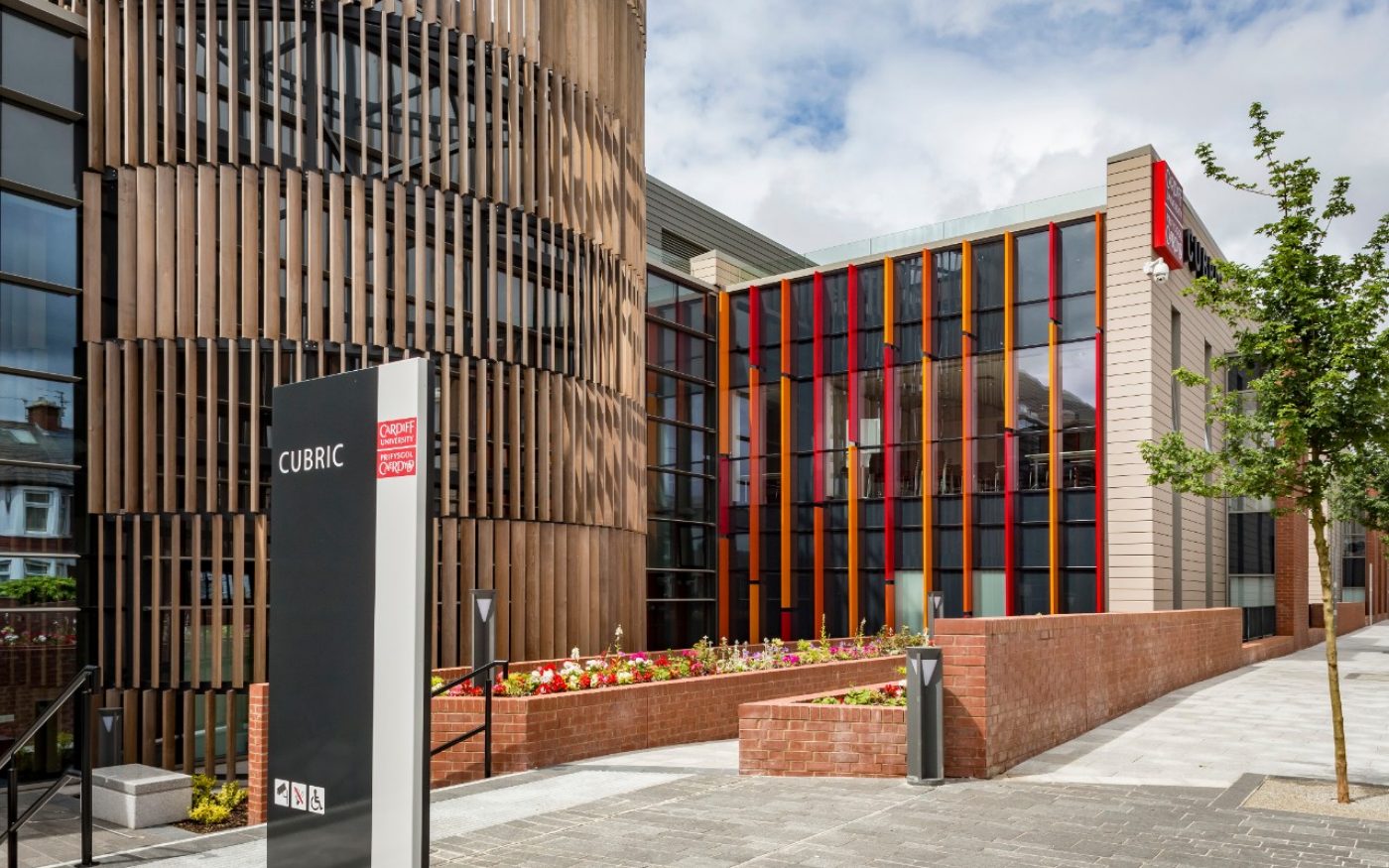 Red and orange external design of the building
