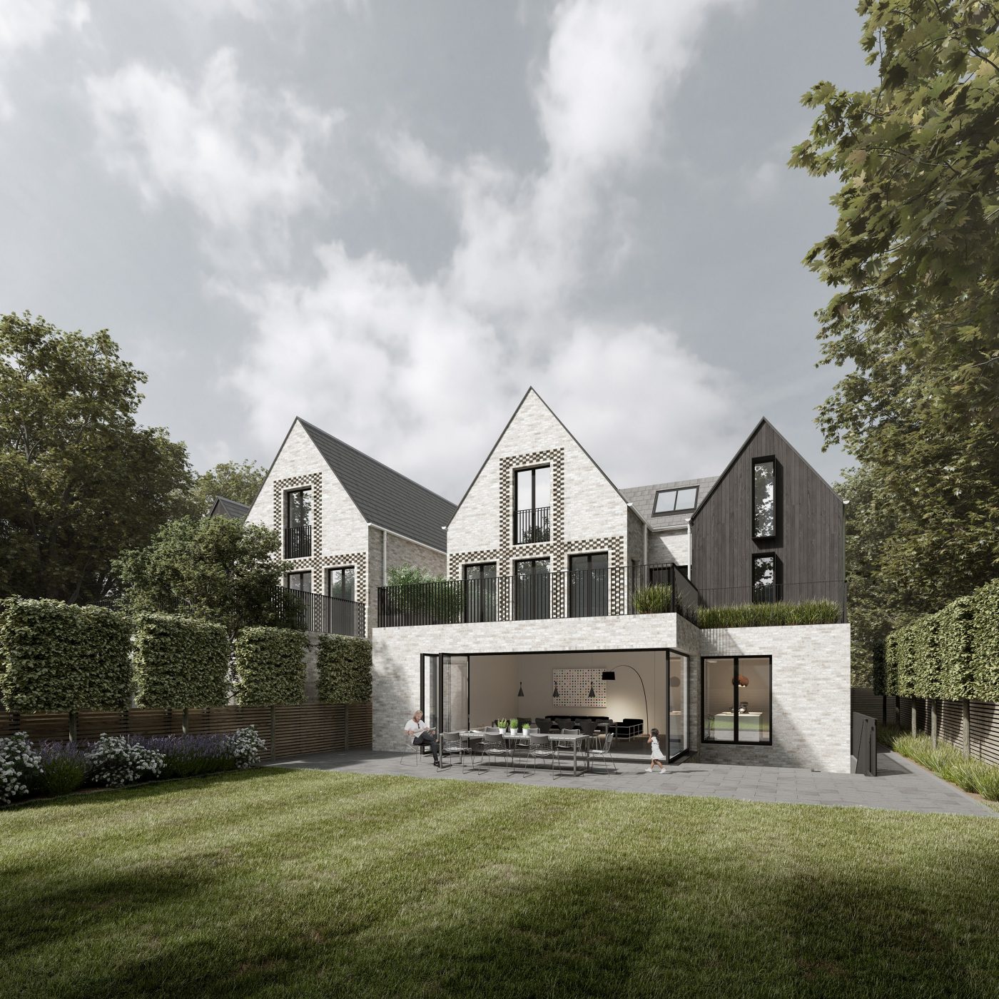 Back view of modern contemporary grey home with large green garden