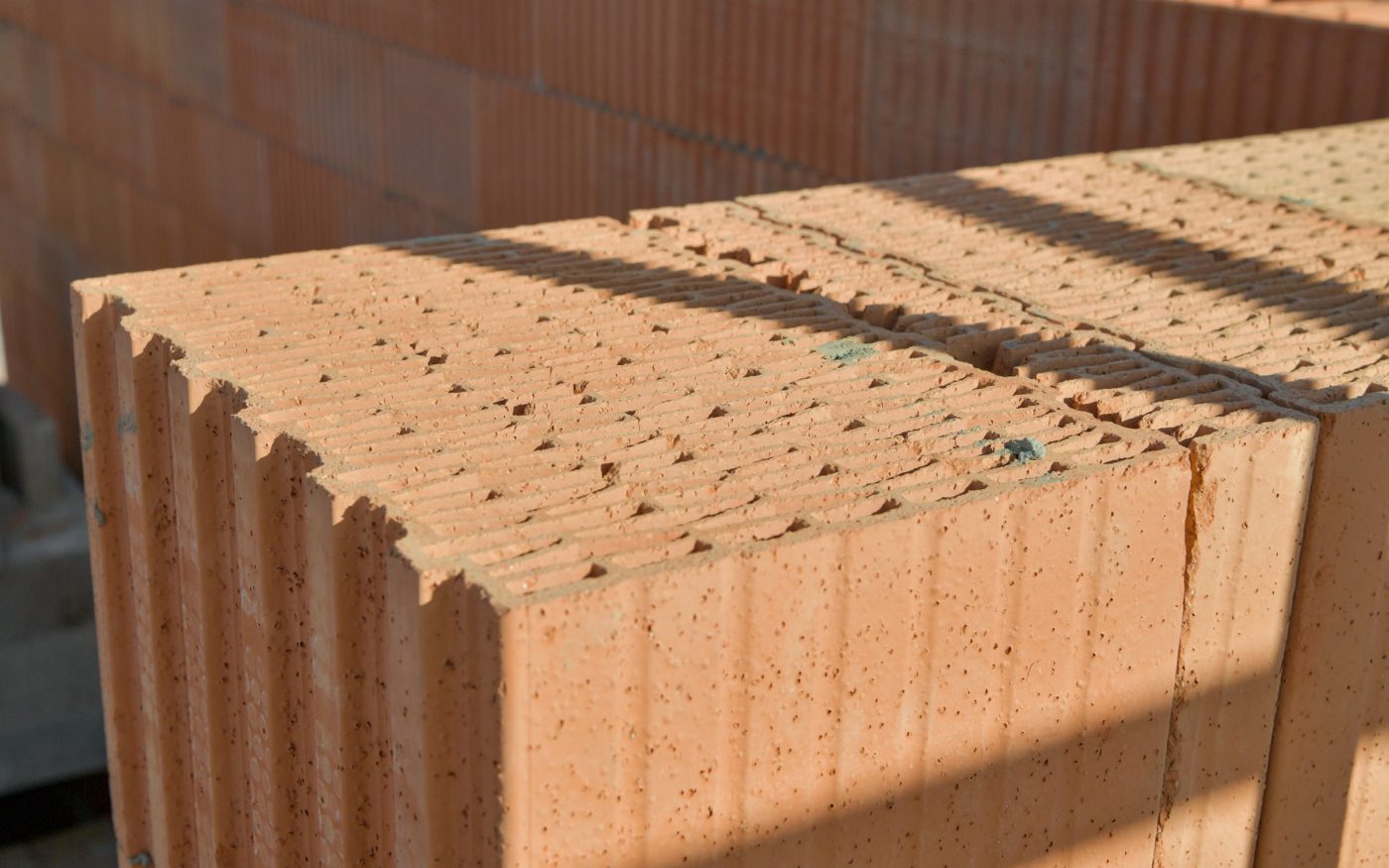 Porotherm interlocking clay blocks on building site