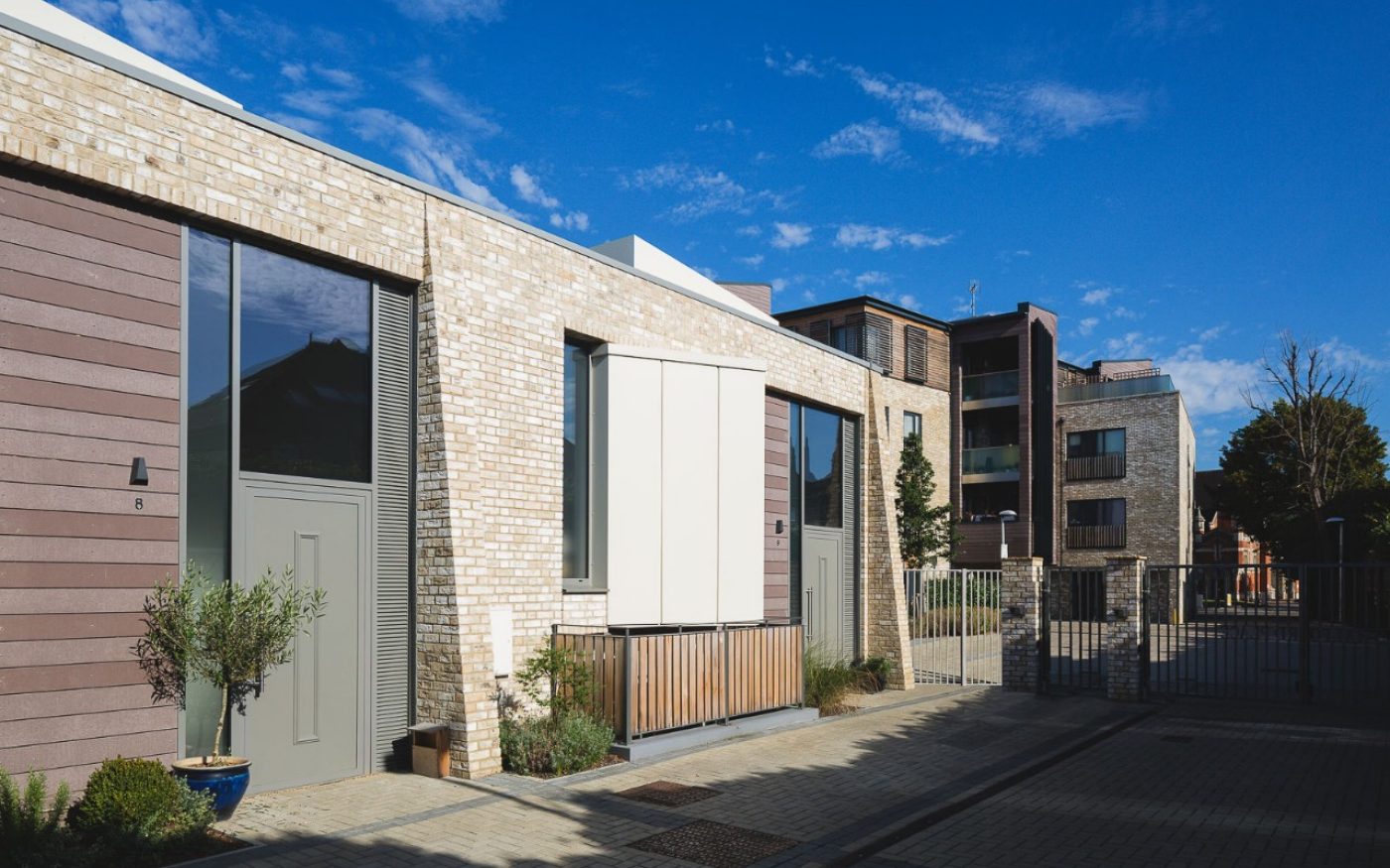 Front door of modern brick building