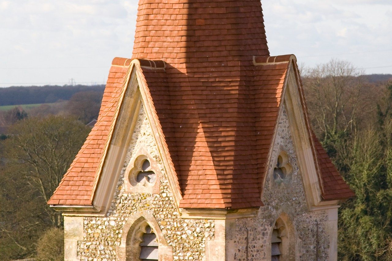 Close up of the roof of the steeple of the church