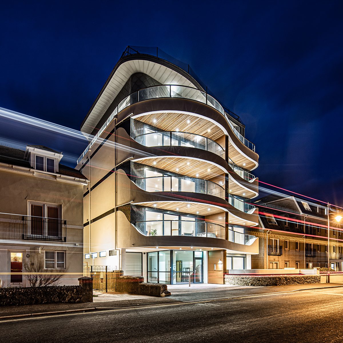 Modern apartment building at night