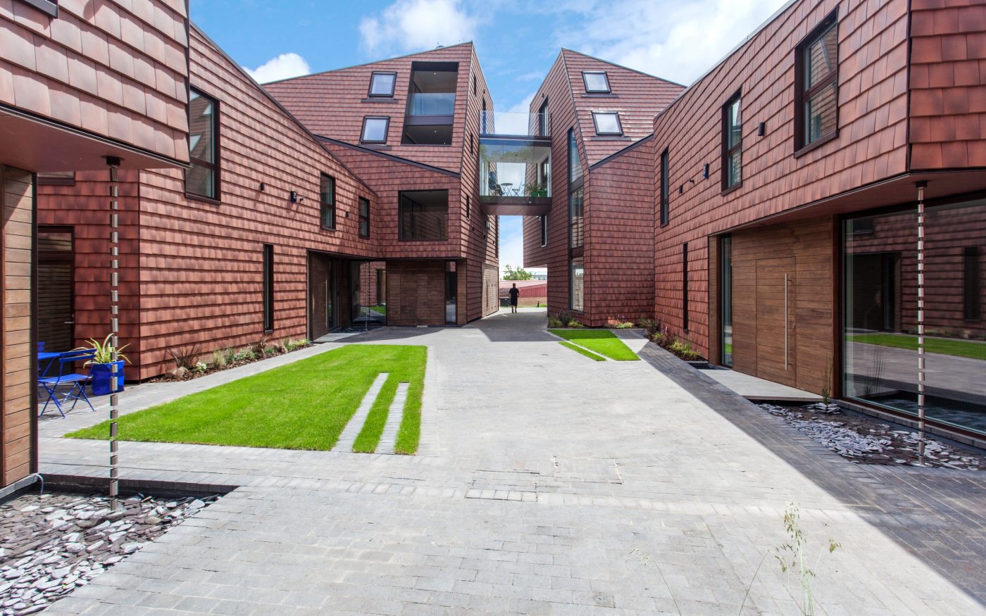 Courtyard with modern asymmetrical buildings