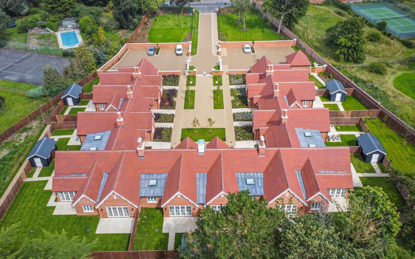 Aerial shot of the red roof bungalows at Painters Place development
