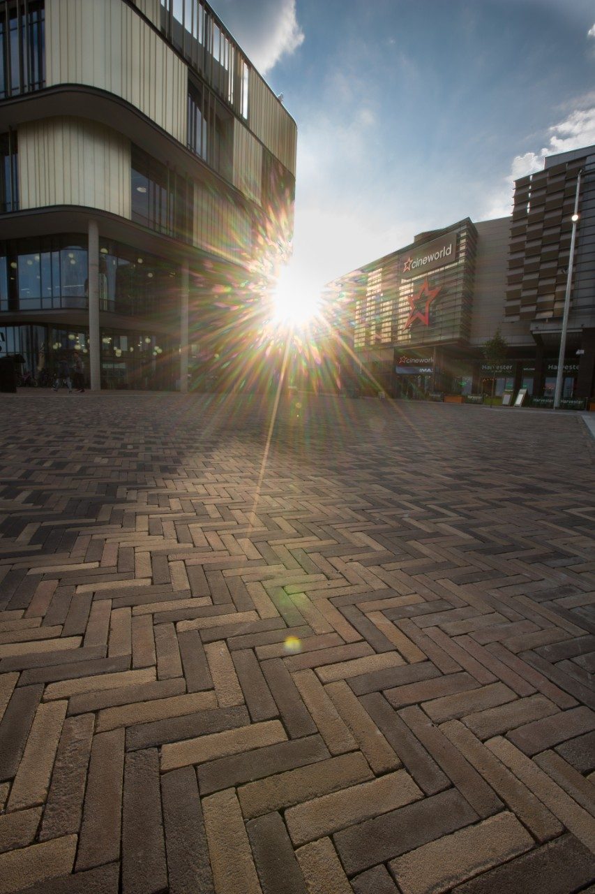 Clay pavers in herringbone pattern in town square