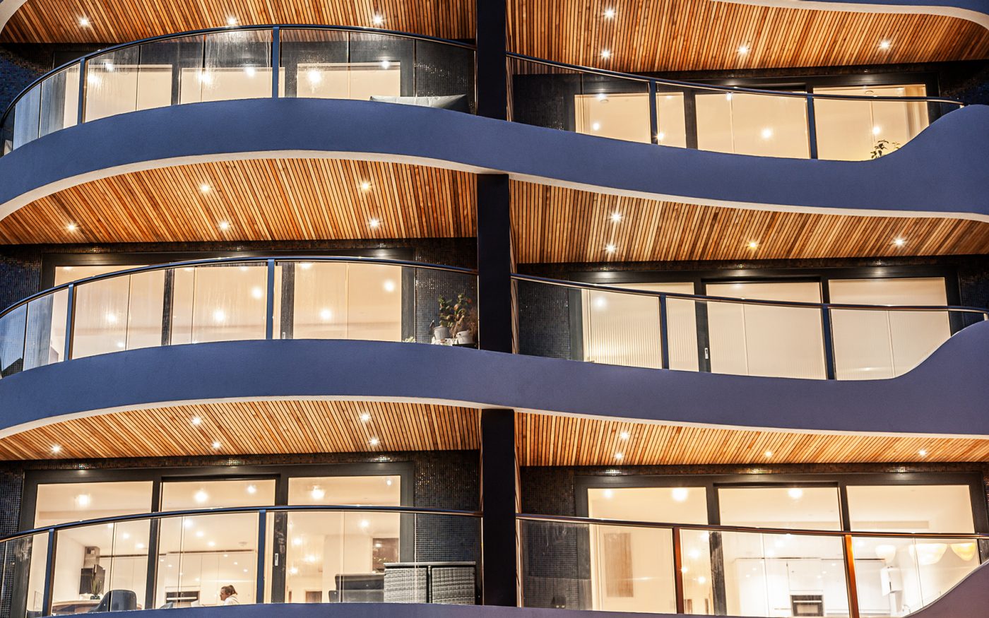 Lit up curved modern balconies