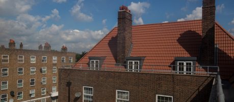 Concrete roof tiles used on multi-storey terraced houses in the North London area