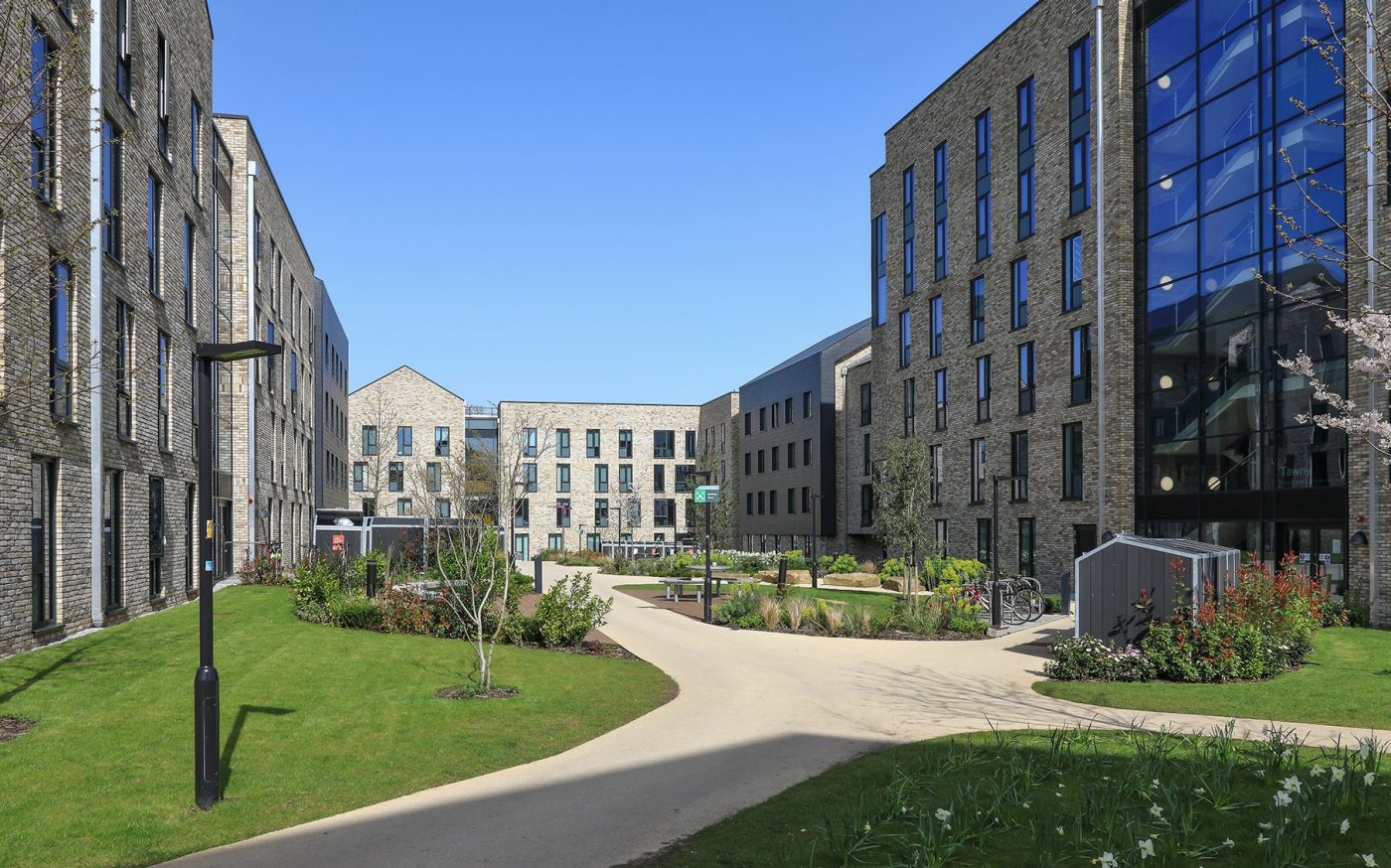 Large student accommodation in Manchester with landscaped courtyard