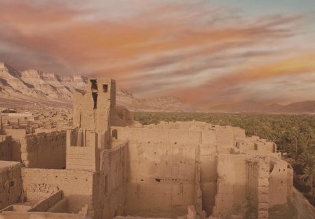 Historical image of buildings built with clay