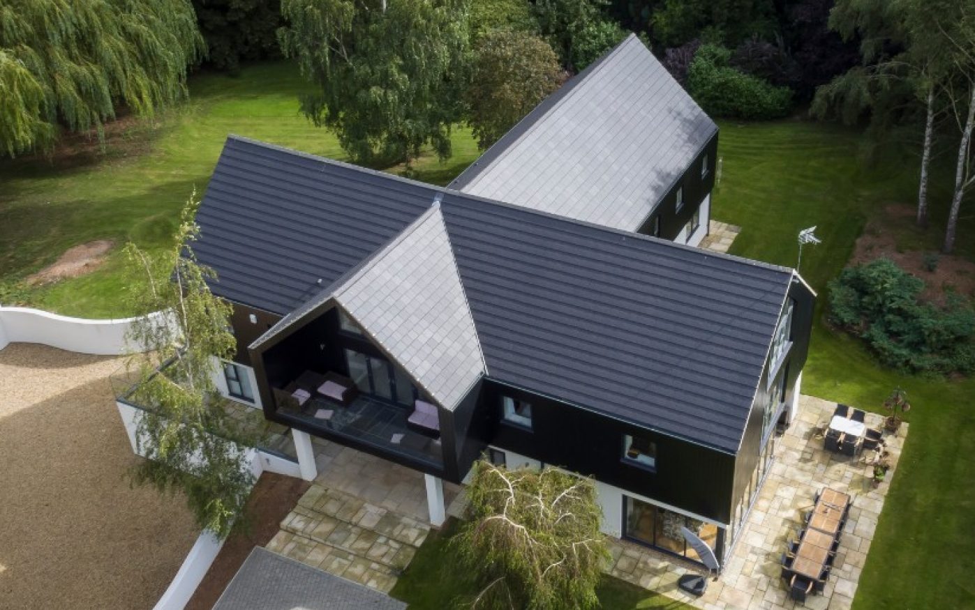 Aerial view of modern house with roof tile