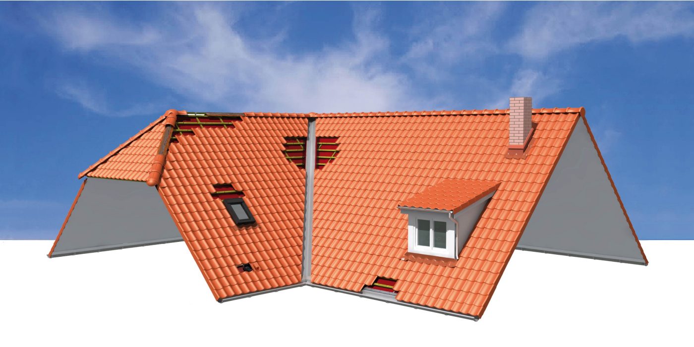 3D illustration Koramic roof. Koramic roof accessories, non-ceramic products for a technical and aesthetic finish.  Rainproof and ventilation possible. Technically and aesthetically pleasing roof finish at support details, cutting lines and vents.  Non-ceramic products:  top-and cornertwill finish, underroof foil, pan hooks connections, confirmation roof tiles, roofend finish and Koraflex Plus.