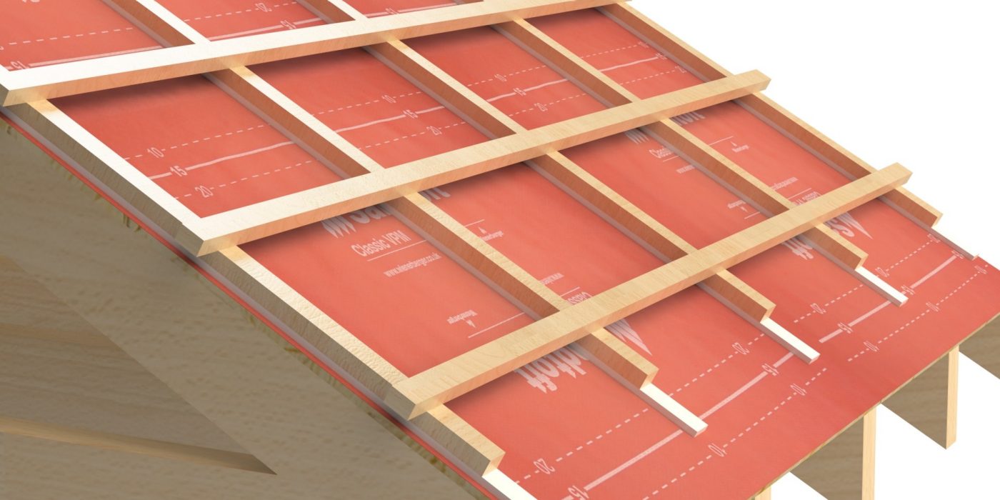 A rendered illustration of a low pitch roof.