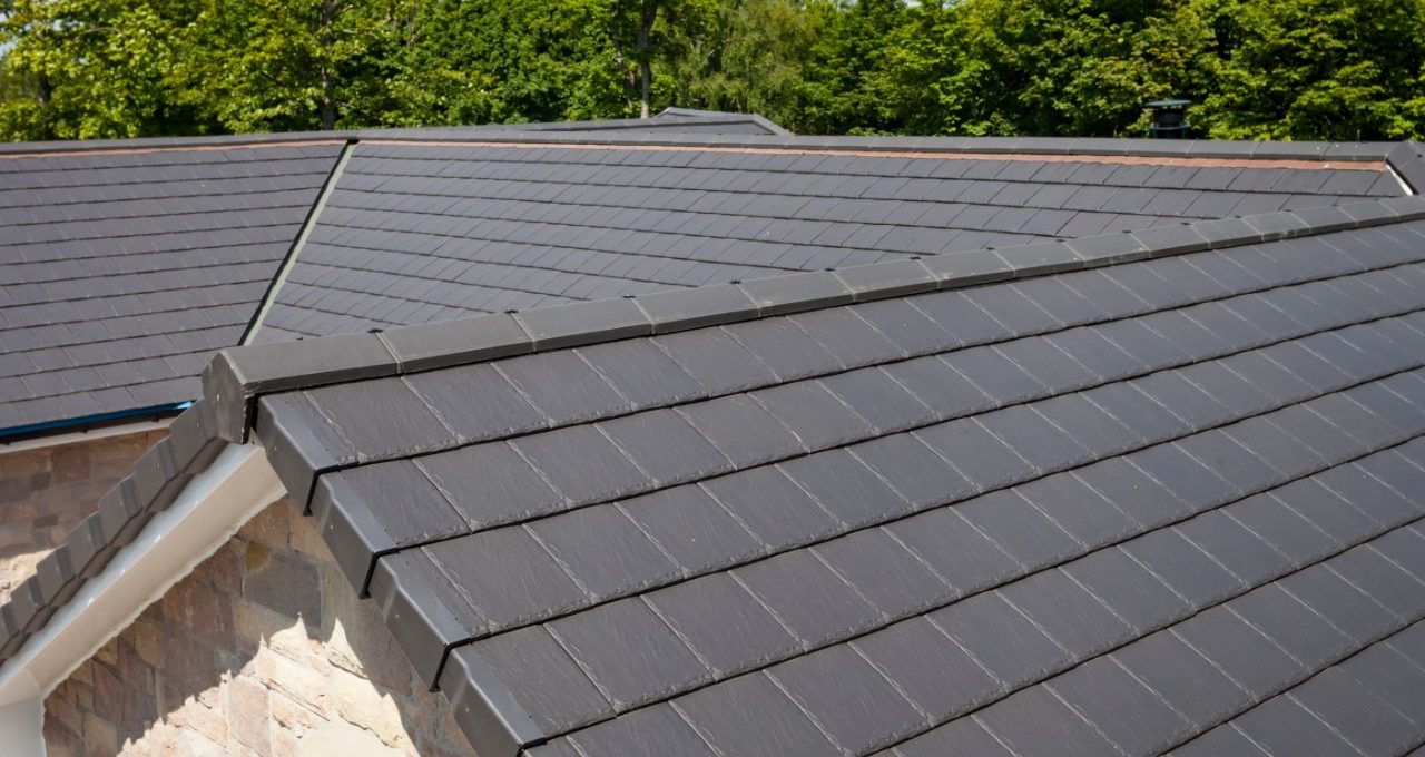 Close-up of smooth grey roof tiles